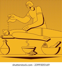Aromatherapy massage using massage oil and essential oils with professional massage therapist in spa. Isolated vector illustration in retro style.