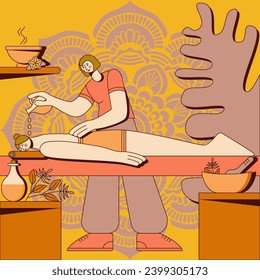 Masaje de aromaterapia con aceite de masaje y aceites esenciales con masajista profesional terapeuta en spa. Ilustración vectorial plana aislada.
