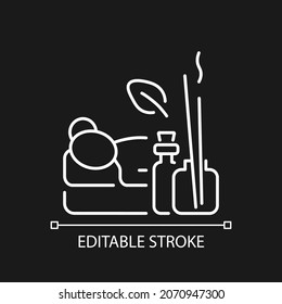 Aromatherapy massage white linear icon for dark theme. Using essential oils. Calming effects. Thin line customizable illustration. Isolated vector contour symbol for night mode. Editable stroke