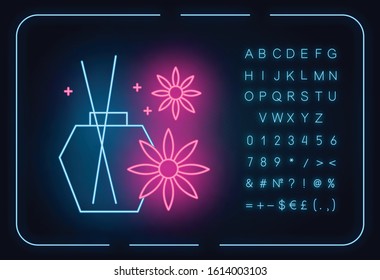 Aromatherapy neon light icon. Blossom scented sticks. Essential oils in glass jar. Selfcare and wellness. Glowing sign with alphabet, numbers and symbols. Vector isolated illustration