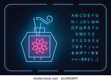 Aromatherapy neon light icon. Scented sticks in glass jar. Essential oils for relaxation. Selfcare and wellness. Glowing sign with alphabet, numbers and symbols. Vector isolated illustration