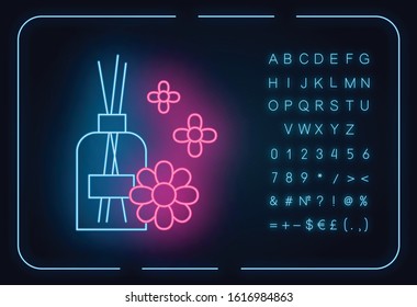 Aromatherapy neon light icon. Scented sticks. Air floral freshener. Female selfcare. Blossom aroma. Essential oils. Glowing sign with alphabet, numbers and symbols. Vector isolated illustration