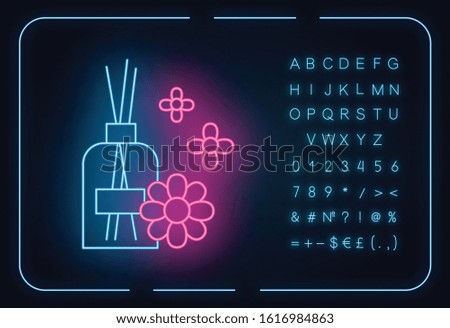 Aromatherapy neon light icon. Scented sticks. Air floral freshener. Female selfcare. Blossom aroma. Essential oils. Glowing sign with alphabet, numbers and symbols. Vector isolated illustration