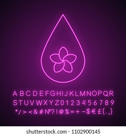 Aromatherapy oil drop neon light icon. Spa salon oil drop with plumeria flower inside. Glowing sign with alphabet, numbers and symbols. Vector isolated illustration