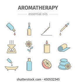 Aromatherapy oils colored set. Vector illustration. Essential Oil line icon