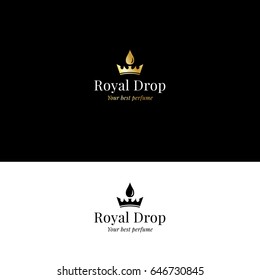 Aromatherapy and perfume logo with crown and drop in golden color. Vector symbol