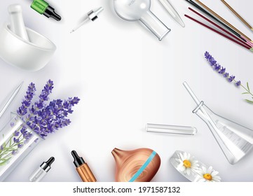 Aromatherapy realistic background with aroma lamp glass flasks flowers joss sticks bottles for essential oil vector illustration