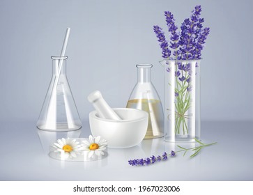 Aromatherapy Realistic Composition With Glass Ware Mortar And Fresh Lavender And Camomile Flowers Vector Illustration