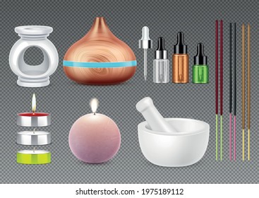 Aromatherapy realistic set with aroma lamp oil warmer candles joss sticks mortar and pestle on transparent background isolated vector illustration