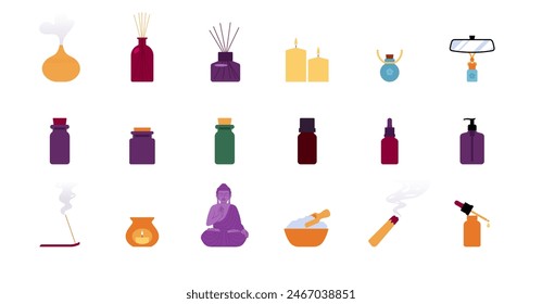 Aromatherapy related set - diffusers, essential oil,bath salt, aroma lamp, candle, Incense, scent, reed sticks, devices, bottle, car, palo santo. Minimalist vector illustration set