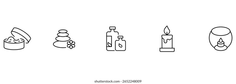 Ícone de relaxamento da aromaterapia definido com pedras de spa perfumado candela garrafas de óleo esfregar e jar ilustração vetorial.