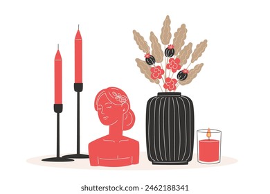 Aromatherapy and relaxation as interior decor in flat style