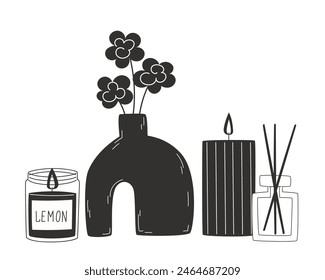 Aromatherapy and relaxation as interior decor in flat style