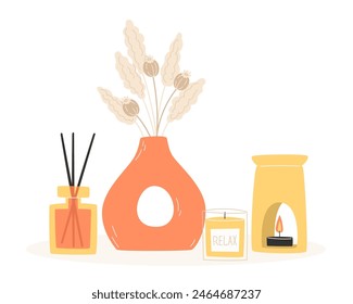 Aromatherapy and relaxation as interior decor in flat style