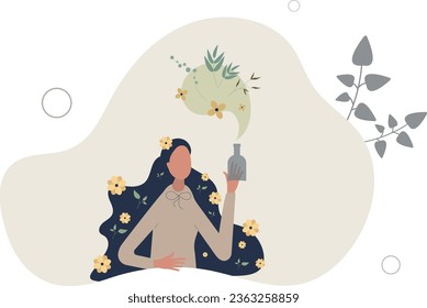 Aromatherapy scent procedure with healthy essential oils .Smelling floral fragrance as alternative medicine treatment process .flat vector illustration