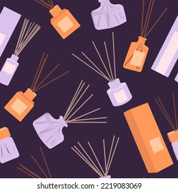 Aromatherapy seamless pattern. Aroma diffuser, essential oil for home. Vector flat illustration concept. Glass Jar Different Color with Wooden Aroma Sticks