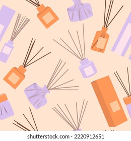 Aromatherapy seamless pattern. Aroma diffuser, essential oil for home. Vector flat illustration concept. Glass Jar Different Color with Wooden Aroma Sticks