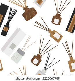 Aromatherapy seamless pattern. Aroma diffuser, essential oil for home. Vector flat illustration concept. Glass Jar Different Color with Wooden Aroma Sticks