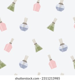 Aromatherapy seamless pattern. Aroma diffuser, essential oil for home. Vector flat illustration concept. Glass Jar Different Color with Aroma Sticks