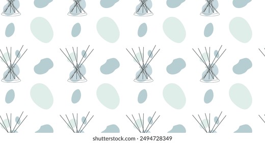Aromatherapy seamless pattern. Aroma diffuser, essential oil for home. Vector outline, line art illustration concept with Color Abstract shape. Glass Jar Different with Wooden Bamboo Aroma Sticks