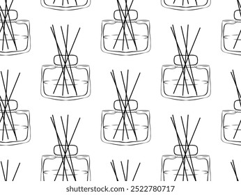 Aromatherapy seamless pattern. Aroma diffuser, essential oil for home. Vector outline, line art illustration concept. Glass Jar Different Color with Wooden Aroma Sticks

