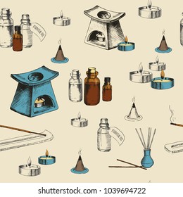 Aromatherapy seamless pattern with hand drawn objects. Incense sticks, essential oils, candle and oil burner.  Vintage pattern can be used for wallpaper, web page background, surface textures, textile