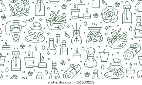 Aromatherapy seamless pattern with vector flat line icons. Essential oil vector background - diffuser, aroma candles, herbal flavors, stone massage, spa lotion. Backdrop for physiotherapy clinic.