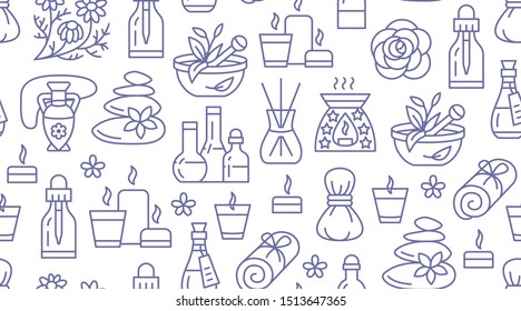 Aromatherapy seamless pattern with vector flat line icons. Essential oil vector background - diffuser, aroma candles, herbal flavors, stone massage, spa lotion. Backdrop for physiotherapy clinic.