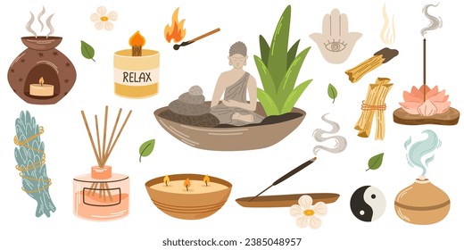 Aromatherapy set. Aroma lamps of different shapes and sizes. Aromatic oil. Ayurveda Aromatic therapy. Hand draw vector illustration