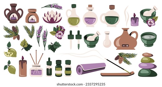 Aromatherapy set. Bottles with essential oils, aromatherapy diffuser, lamp, citrus, pine oils, lavender, lotus flower, incense sticks. SPA, body care, nature, beauty concept.  Vector illustration 