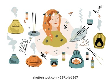  Aromatherapy set cartoon flat style  illustration. Aromatic oil.Aroma lamps of different shapes and sizes.