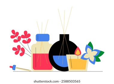 Aromatherapy Set With Essential Oils, Candles, And Diffuser Sticks In Flat Vector Illustration Symbolizing Relaxation, Wellness, And Spa Treatment, Isolated On White Background