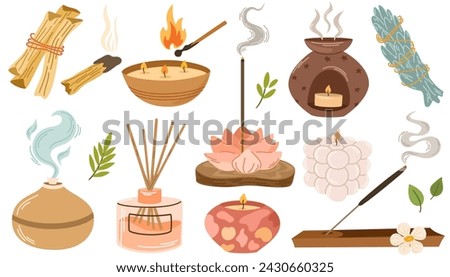 Aromatherapy set. Essential oils, candles, aroma lamps, diffuser, herbs, Palo santo, sage. Ayurveda Aromatic therapy.