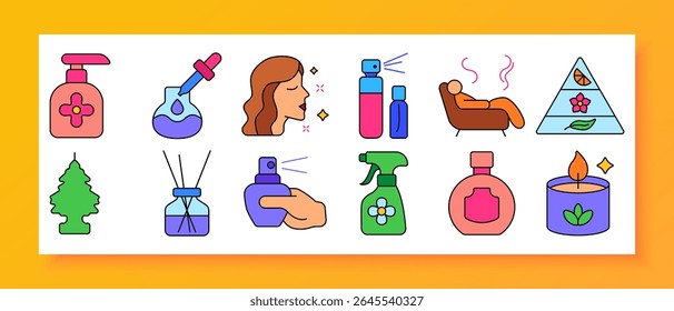 Aromatherapy set icon. Shows soap, pipette, woman's profile, sprays, lounge, scent pyramid, hanging tree, diffuser, bottles, mist gesture, atomizer, aroma candle