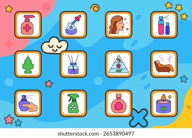Aromatherapy set icon. Soap bottle, essential dropper, woman enjoying smell, spray set, tree freshener, aroma sticks, scent pyramid, cozy chair, perfume hand, room spray, flacon, burning candle