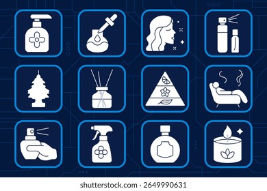 Ícone do conjunto de aromaterapia. Sabão, conta-gotas de óleo, cheiro de mulher, frasco de spray, purificador de carro, difusor de palitos, pirâmide de perfume, cadeira de relaxamento, spray de mão, spray de quarto, perfume, vela, fragrância terapia
