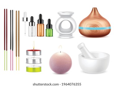 Aromaterapia con botellas realistas de aroma de mortero de candelabros esenciales de aroma de aceite y palos coloridos de garras ilustraciones vectoriales aisladas