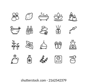 Aromatherapy Signs Thin Line Black Icons Set Include of Candle and Herb. Vector illustration of Icon