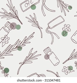 Aromatherapy spa essential oil hand drawn seamless pattern. Doodle background with lavender flowers and leafs. Wallpaper vector with aroma oil