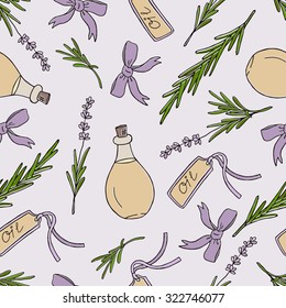 Aromatherapy spa essential oil hand drawn seamless pattern. Doodle background lavender flowers, leafs and stems. Vector wallpaper violet aroma oil