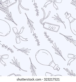 Aromatherapy spa essential oil hand drawn seamless pattern. Doodle background lavender flowers, leafs and stems. Vector wallpaper violet aroma oil