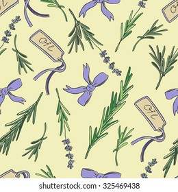 Aromatherapy spa essential oil hand drawn seamless pattern. Doodle background lavender flowers, leafs and stems. Vector wallpaper violet aroma oil. Sketch objects