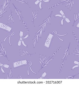 Aromatherapy and spa, essential oil hand drawn seamless pattern. Doodle background with herbs, lavender flowers, leafs and stems. Decorative wallpaper, good for printing