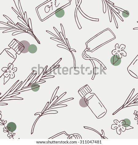 Aromatherapy spa essential oil hand drawn seamless pattern. Doodle background with lavender flowers and leafs. Wallpaper vector with aroma oil