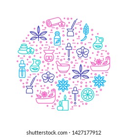 Aromatherapy and Spa Signs Thin Line Round Design Template Include of Candle, Stone and Flower. Vector illustration of Icons