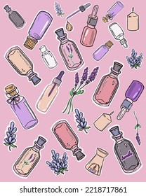 Conjunto de stickers de aromaterapia. Pegatinas de aceite de lavanda. Conjunto de pegatinas de botellas de aceite esenciales, flores de lavanda, velas. Concepto de parque Lavender Sticker, ilustración, dibujado a mano, vector. Etiquetas para diarios, imprimir