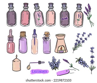 Aromatherapy sticker set. Lavender oil stickers. Set of essential oil bottle stickers, lavender flowers, candles. Lavender Sticker park concept, illustration, hand drawn, vector, clipart isolate