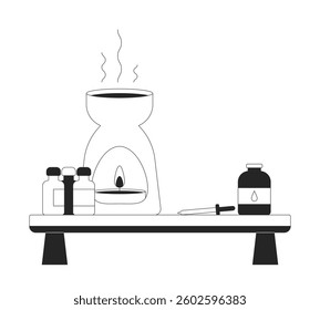 Aromatherapy table with oil burner 2D line object. Wellness spa. Scented therapy. Candle, essential oil bottles, dropper isolated clipart vector ink outline item. Monochrome spot illustration