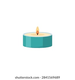 Aromatherapy Tealight Candle with Burning Flame in Blue Container Isolated on White Background
