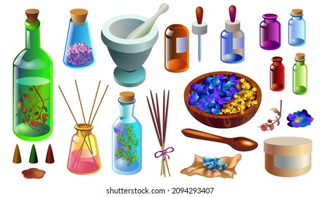 Aromatherapy tool set. Salt, oil, perfume, bottle